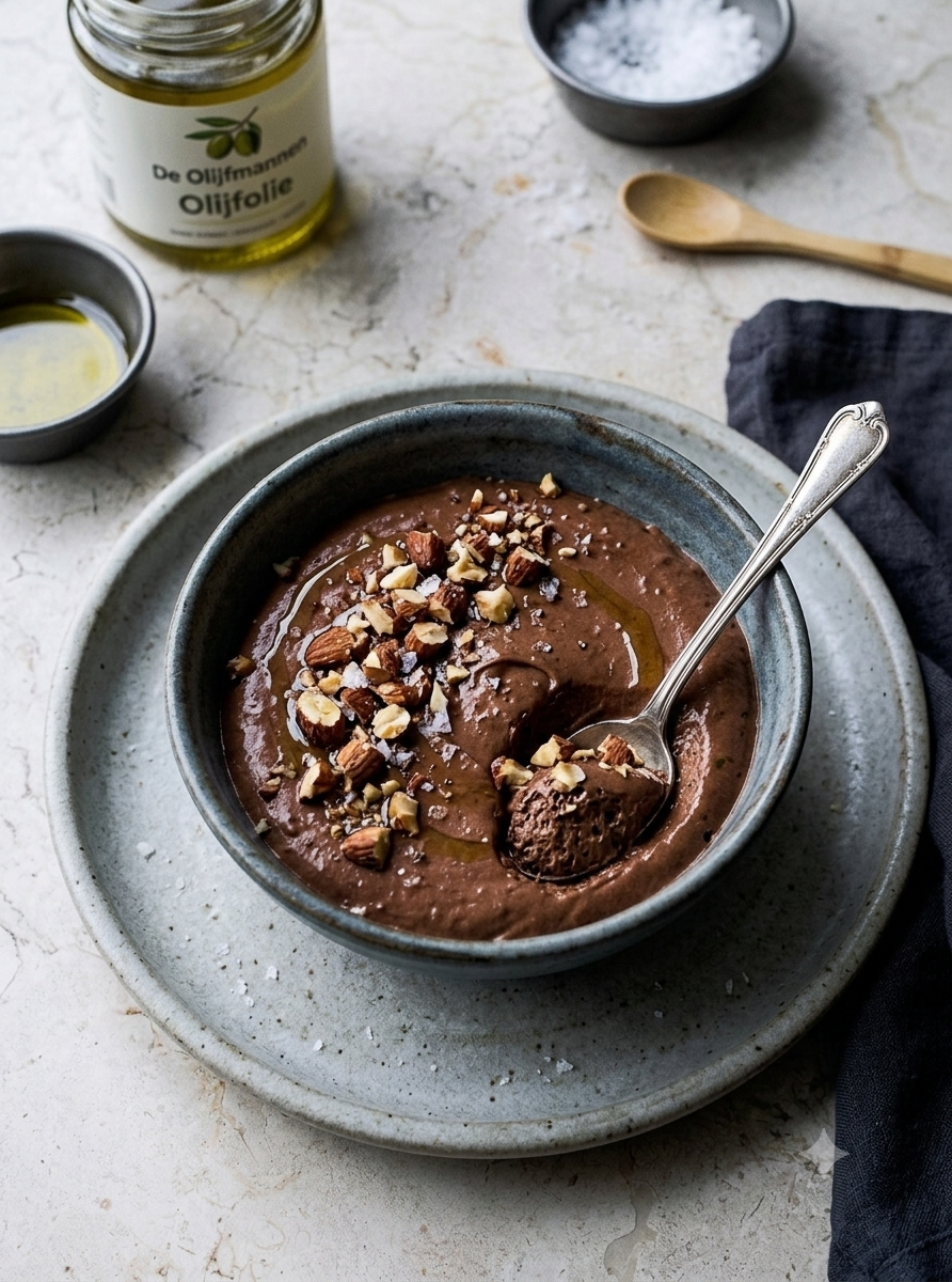 Olijfolie-Chocolademousse met gezouten amandelen